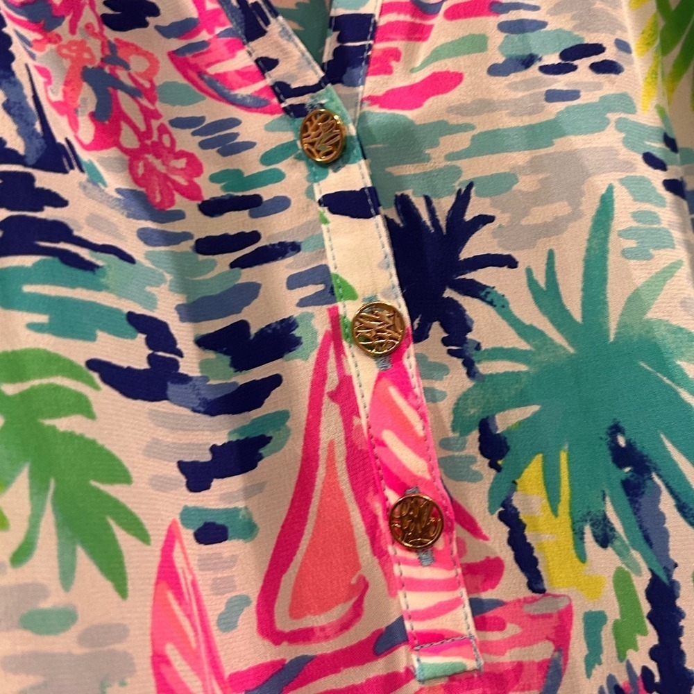 Lilly Pulitzer XS Silk Tunic Top Sailboat Palm Print Long Sleeve Blouse - Picture 9 of 10